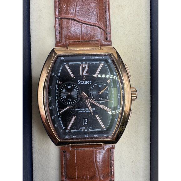Stauer Men´s Cognac Tonneau Swiss Watch Chronograph Brown Leather Strap Working main image 4